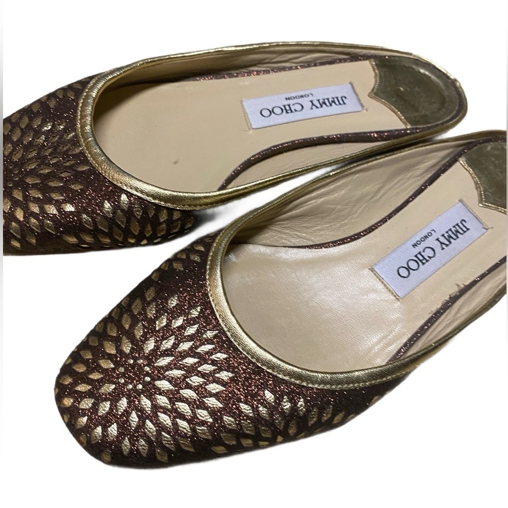 Jimmy Choo Brown & Gold Cutout Slip-On Flats - Picture 4 of 12